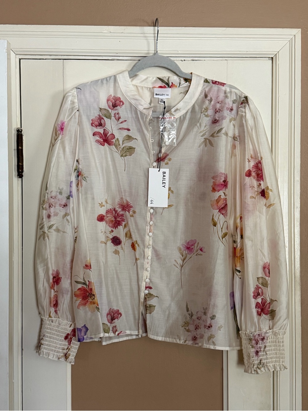 Bailey 44 Cream Floral Button-Up Blouse with Pink Accents